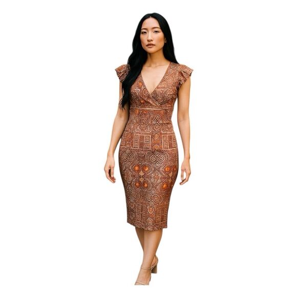 Xhilaration Paisley Print Mini Dress Maroon Orange White Faux Wrap Short Sleeves - Picture 1 of 10